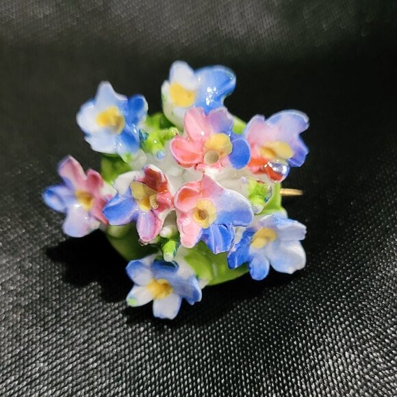 Staffordshire Jewelry - VTG Spring Forget Me Not Pink Blue Yellow Gr Bouquet England Porcelain Brooch 1"